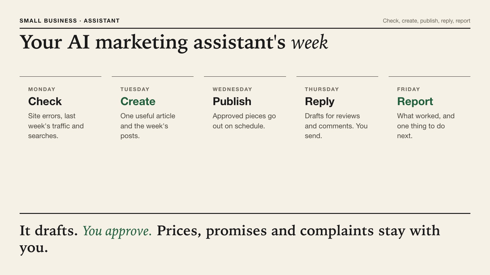 Weekly plan for an AI marketing assistant: Monday checks, Tuesday drafts, Wednesday publish, Thursday replies, Friday report