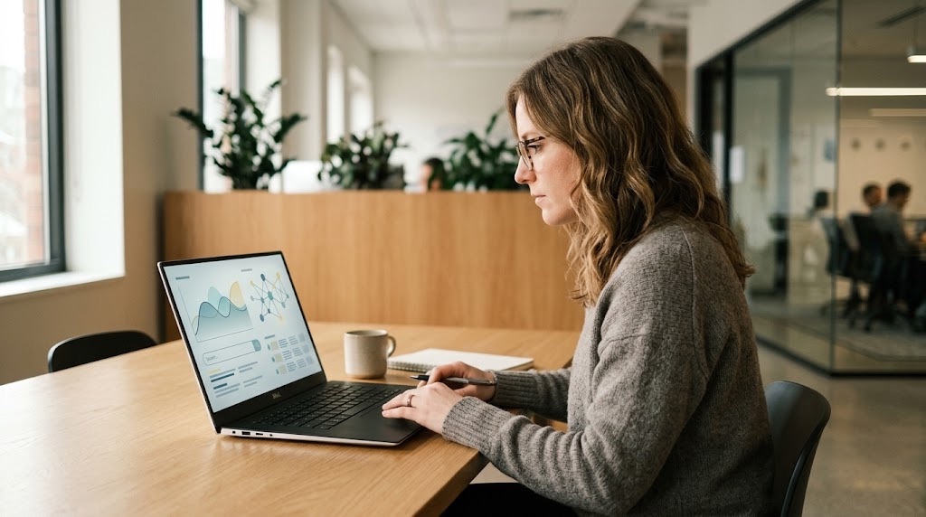 Marketer in an office reviewing AI search analytics charts on a laptop while planning an AI agents SEO strategy
