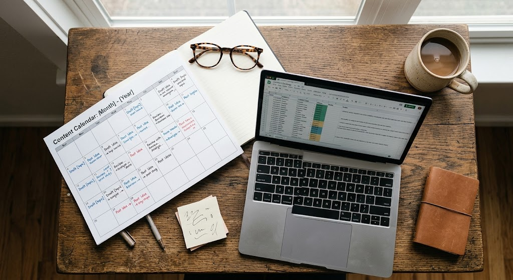 Overhead view of a desk with a printed monthly content calendar, a laptop showing a content planning spreadsheet, glasses and coffee, used to plan AI agent SEO content