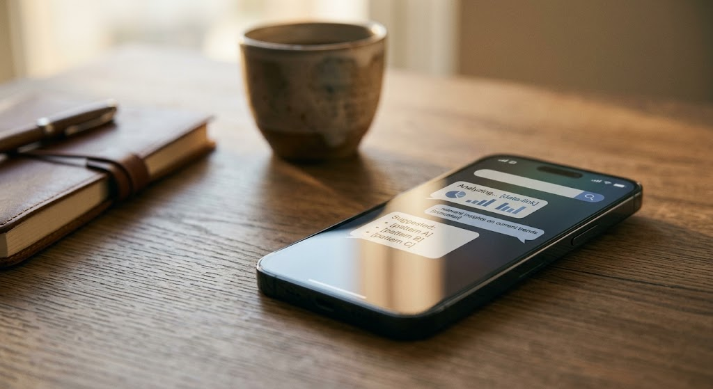 Smartphone on a wooden desk showing a conversational AI search assistant analyzing data and suggesting answers, an example of zero-click AI search