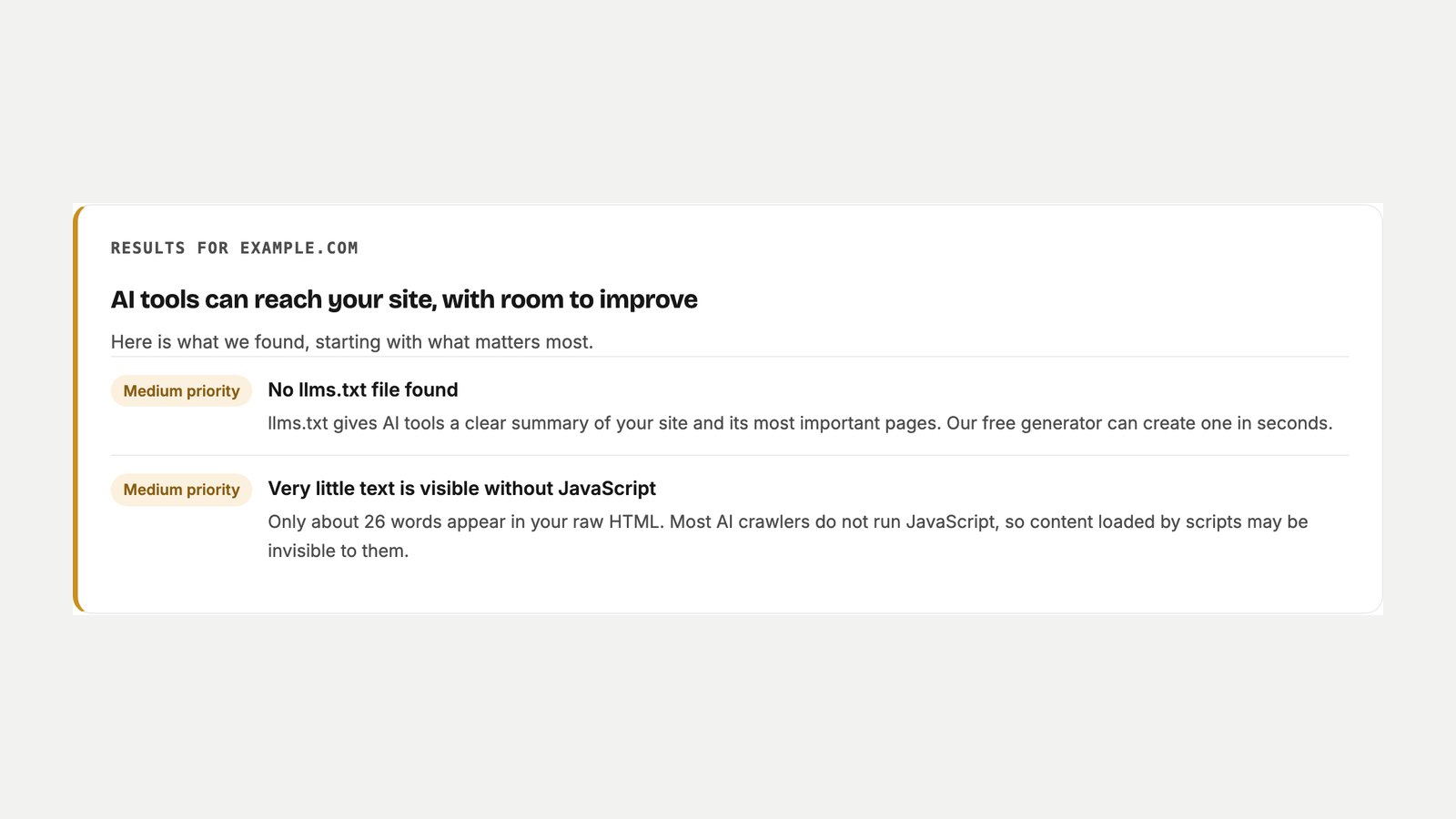 CMO Owls AI Visibility Checker result for example.com: 'AI tools can reach your site, with room to improve', with two medium-priority issues: no llms.txt file found, and very little text visible without JavaScript