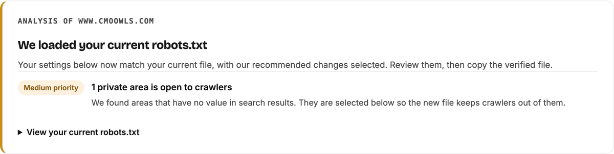 CMO Owls Robots.txt Generator analysis of www.cmoowls.com: 'We loaded your current robots.txt', with a medium-priority finding that one private area is open to crawlers