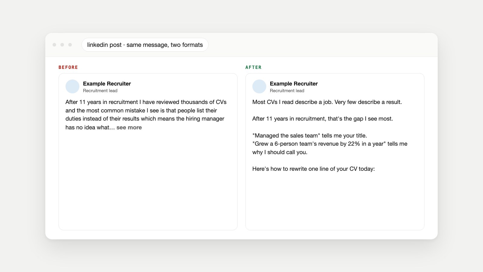 Before and after LinkedIn post mockups for an example recruiter: the before is one dense paragraph cut off at see more, the after opens with a one-line hook followed by short spaced paragraphs