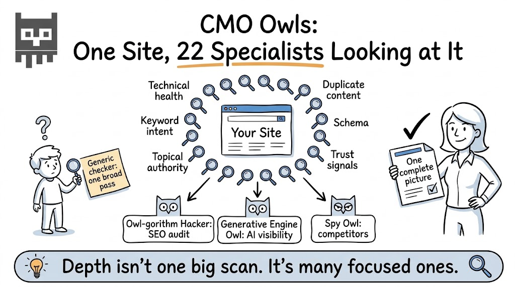 Whiteboard sketch: 22 specialist audit modules examine one website from different angles, feeding Owl-gorithm Hacker, Generative Engine Owl and Spy Owl into one complete picture