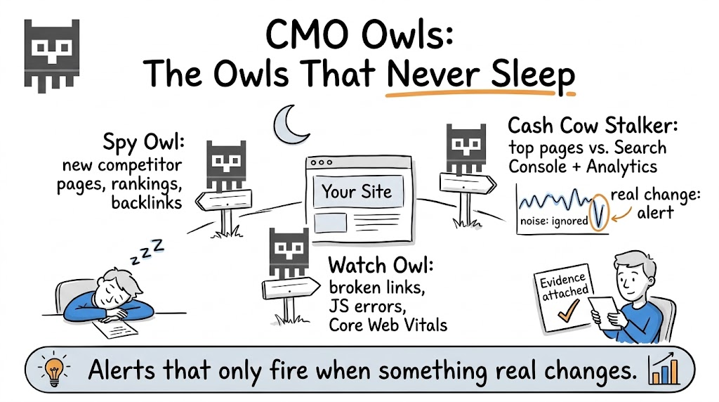 Whiteboard sketch of the owls that never sleep: Spy Owl tracks competitors, Watch Owl finds broken links, JS errors and Core Web Vitals, and Cash Cow Stalker alerts only on real traffic changes