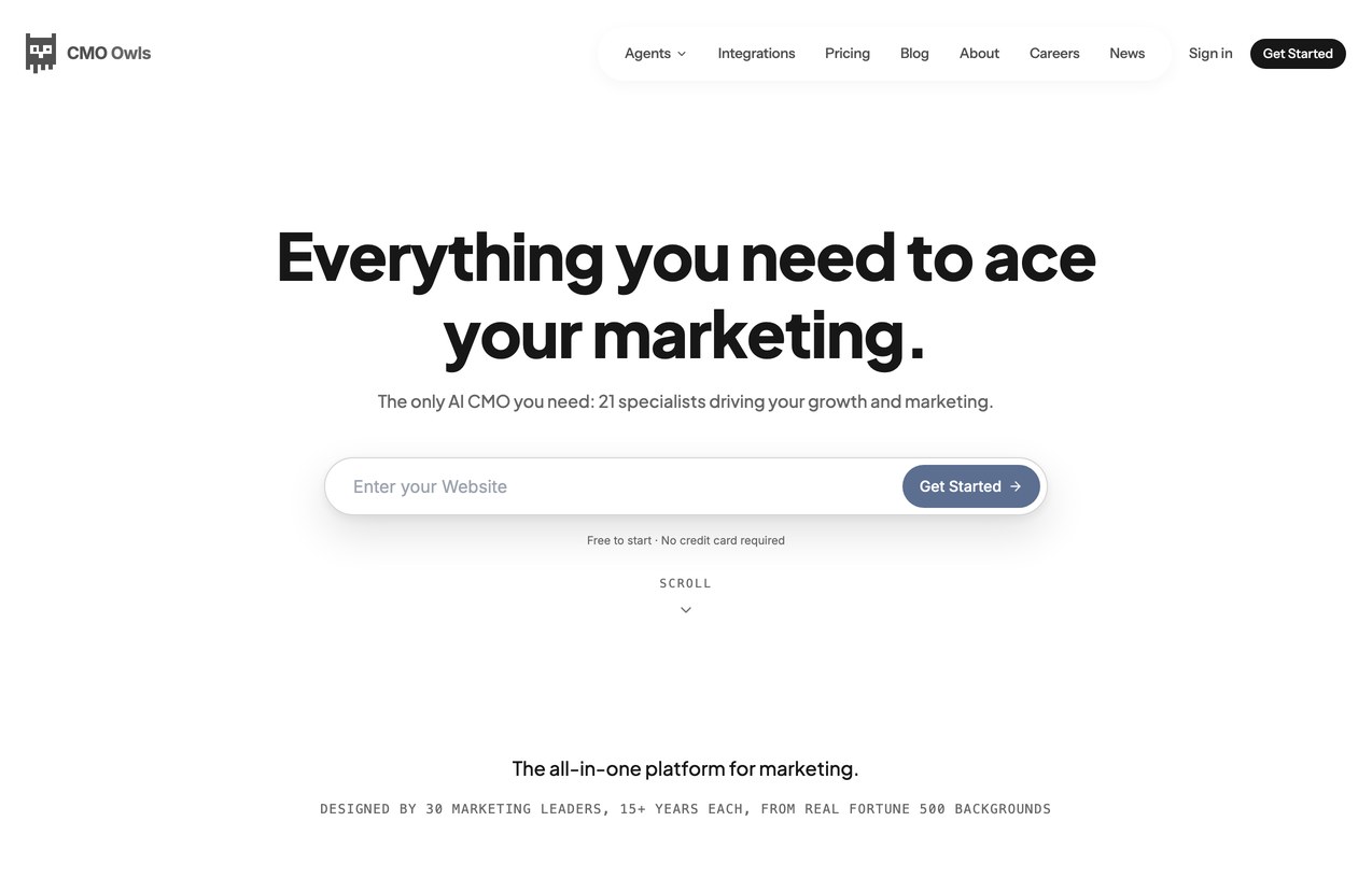 CMO Owls homepage hero: Everything you need to ace your marketing. The only AI CMO you need: 21 specialists driving your growth and marketing.