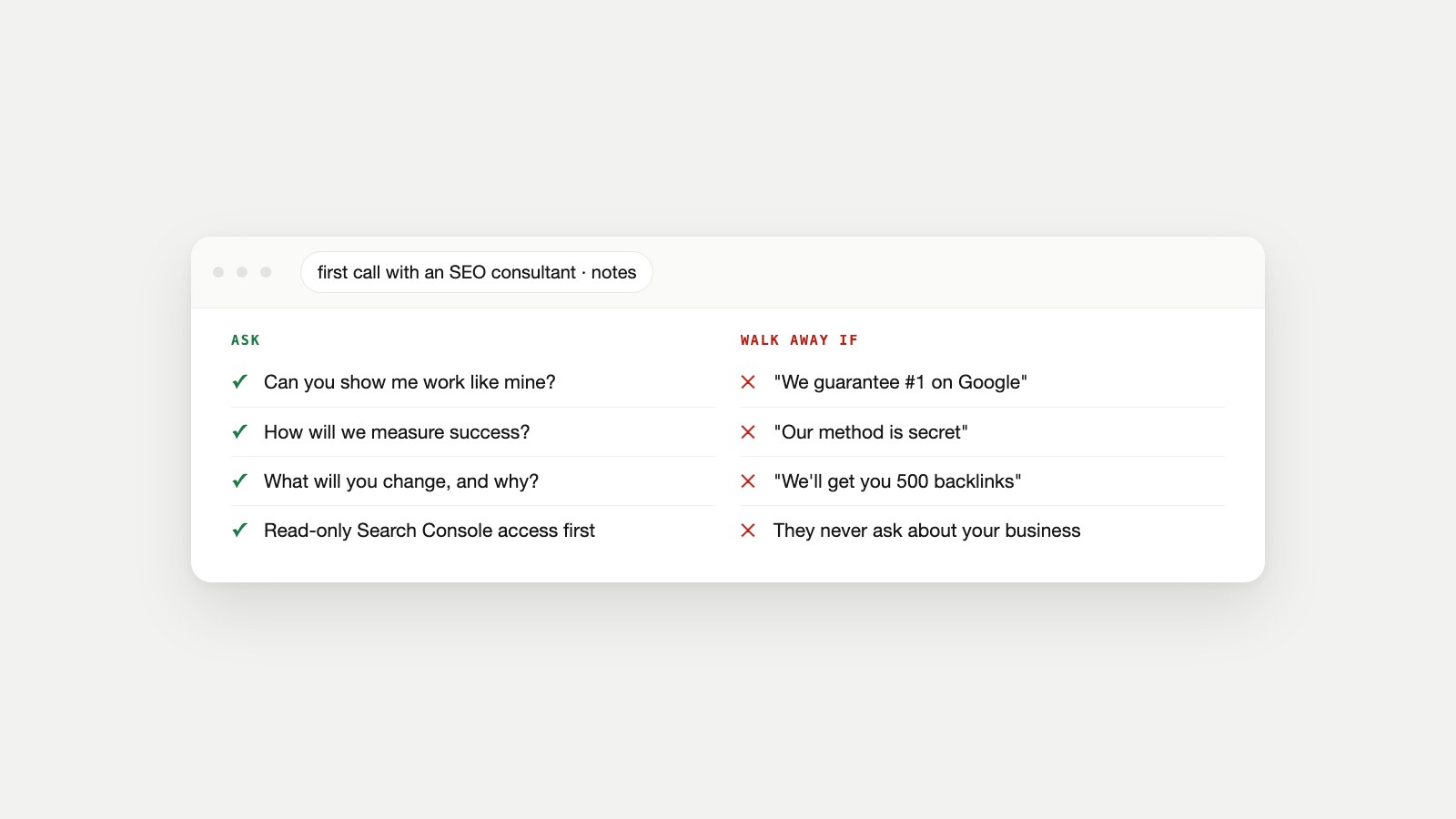 Checklist for a first call with an SEO consultant: four questions to ask and four warning signs, such as guaranteed number one rankings and secret methods